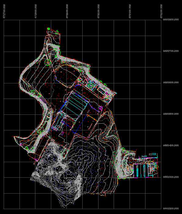 Topographical survey map showing land contours, boundaries, and site features