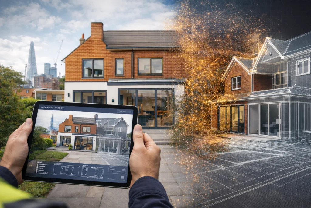 Measured survey being carried out before a home extension