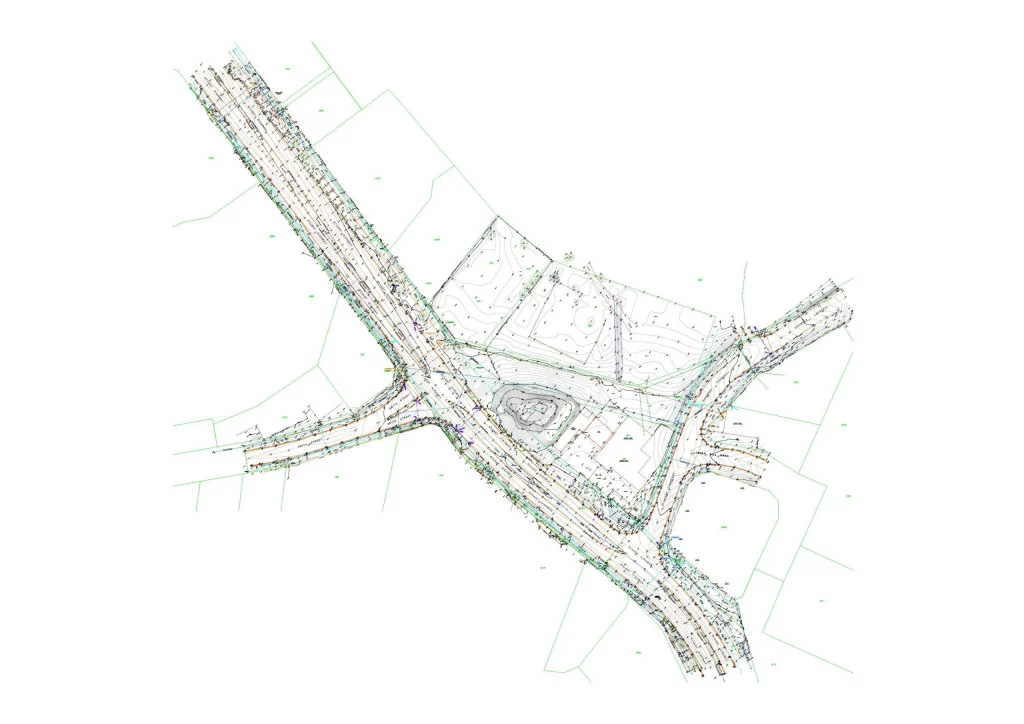 Topographical site survey drawing showing contours, road layout and level data