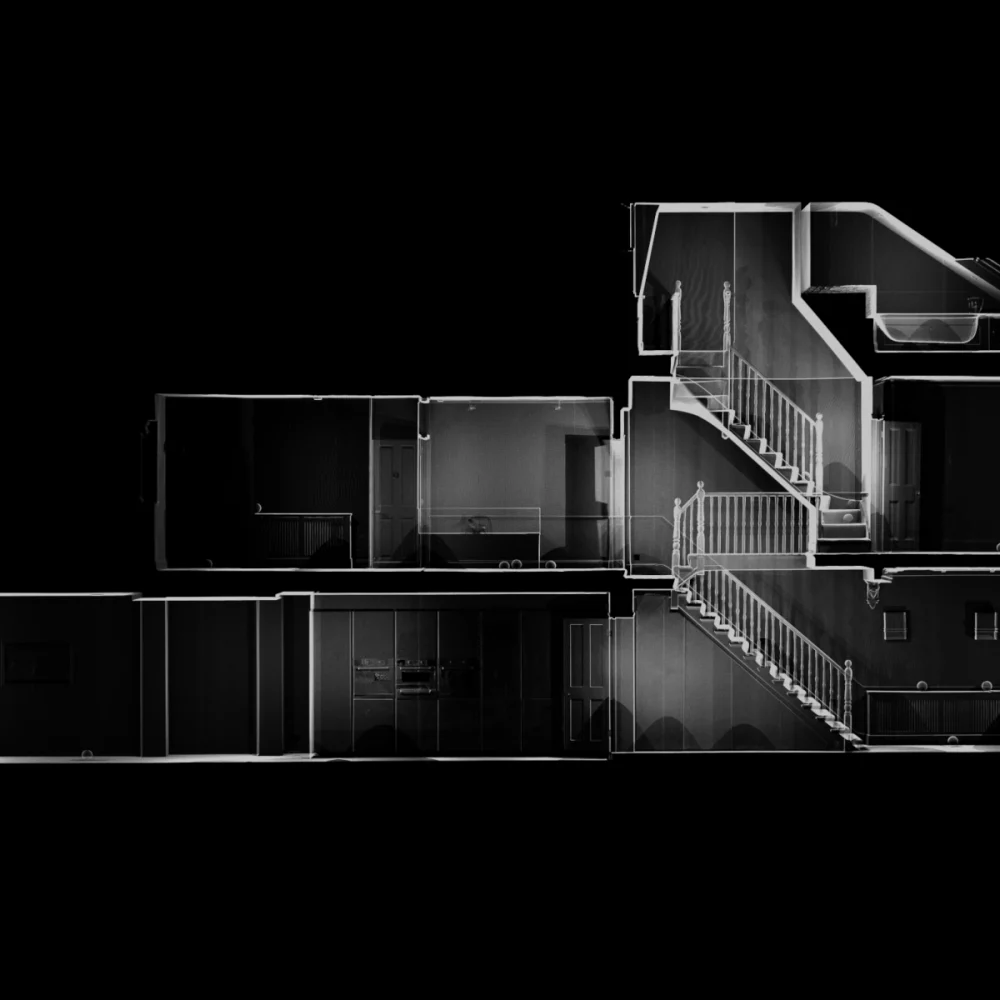 3D laser scan section of residential property showing internal layout and staircases for measured building survey